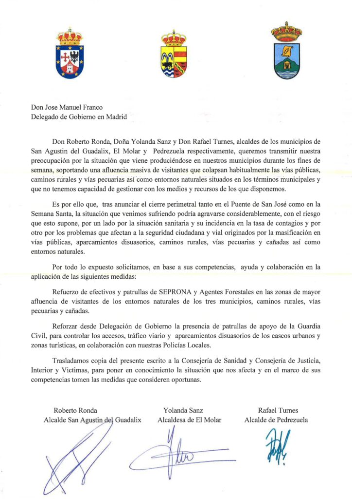 Pedrezuela pide apoyo a la Delegación del Gobierno de cara a los festivos